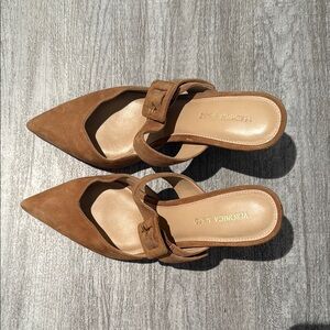 Veronica Beard leather and suede pointed toe strap heels